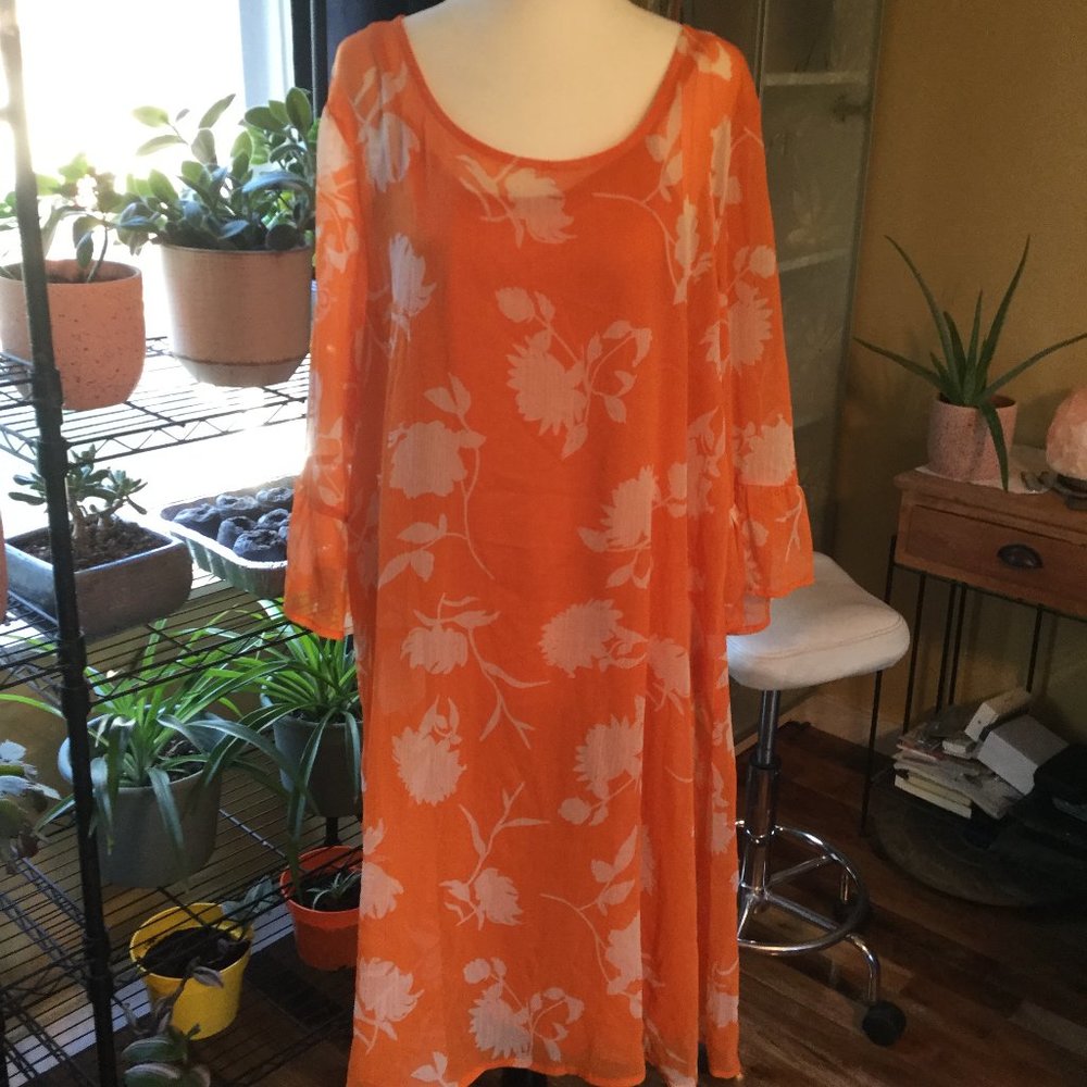 NWT ICHI orange floral dress sheer over lay with slip dress size large